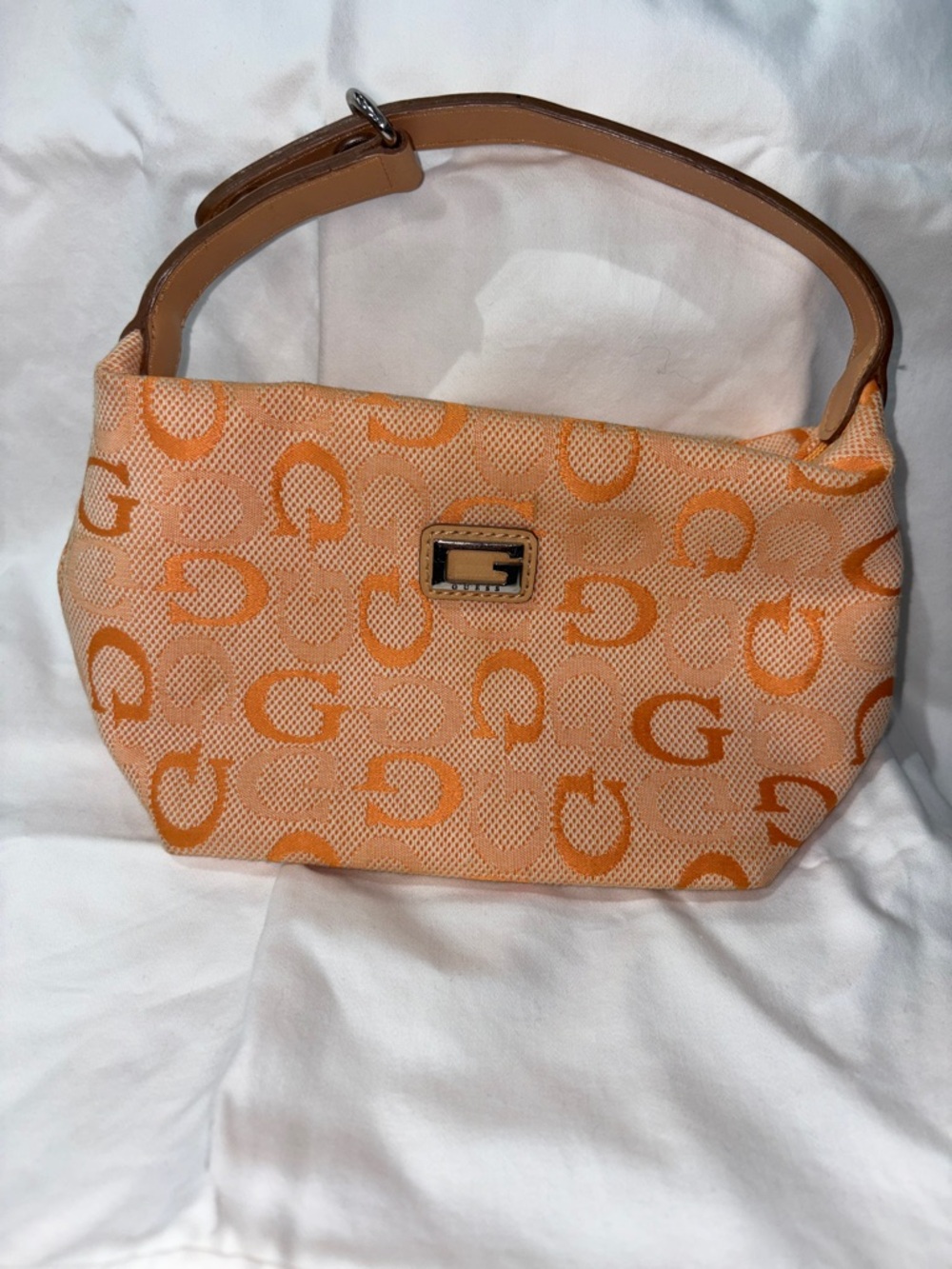 GUESS Orange Logo Jacquard Shoulder Bag with Tan Strap